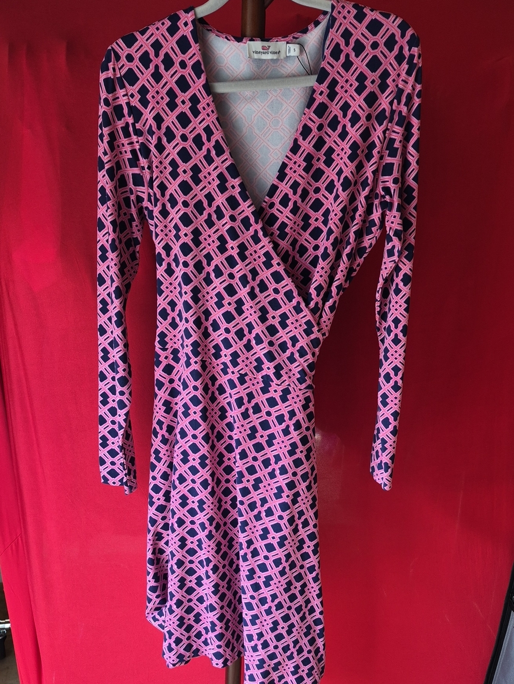 Vineyard Vines Pink and Navy Geometric Wrap Dress Size S